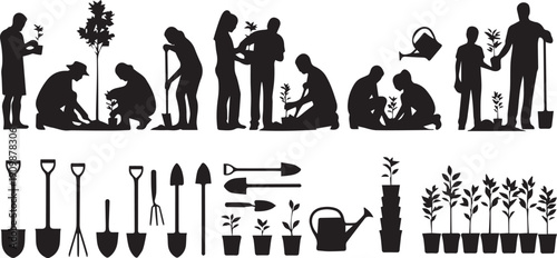 Gardening people silhouettes and tools, vector illustration, planting and growth concept