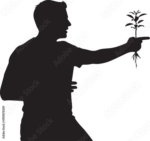 Man pointing at small seedling plant with roots held in hand as silhouette icon