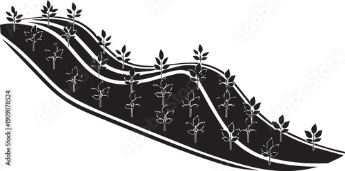 Sloping hillside terraced agricultural farming growing crops on contour land vector illustration