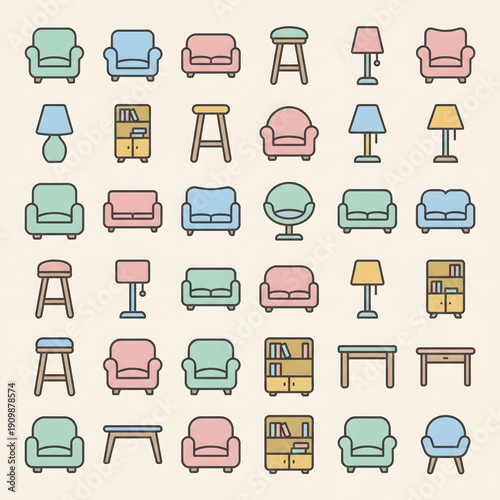 Modern furniture icon set, pastel flat style, chairs sofas lamps tables, home interior elements