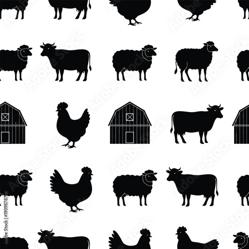 Farm animals silhouettes pattern with barns and livestock in a rural landscape