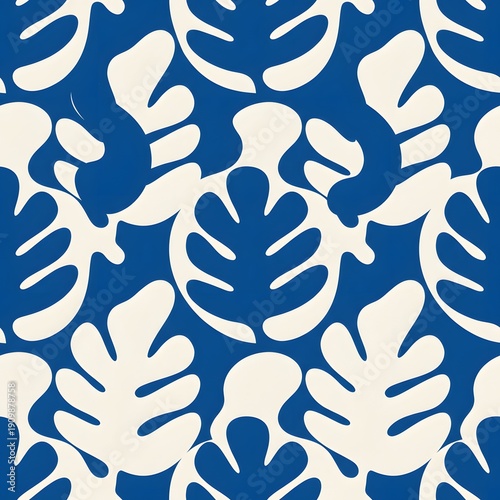 Seamless abstract tropical leaf pattern, mid-century modern style, blue and cream