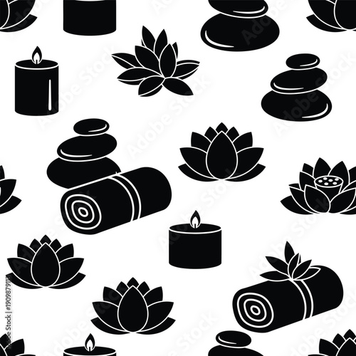 Spa elements pattern with lotus flowers and candles in monochrome