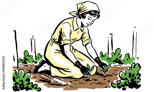 Retro illustration of a woman planting seedlings in a garden, vintage farming worker graphic design.