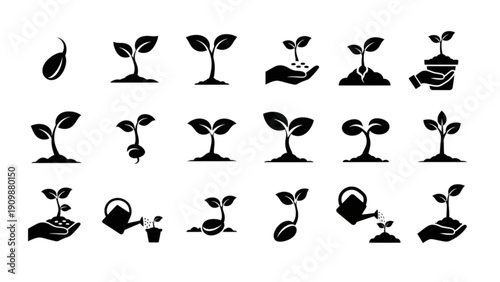 Black Silhouette Sprout and Seedling Icon Set | 18 Vector Spring Icons