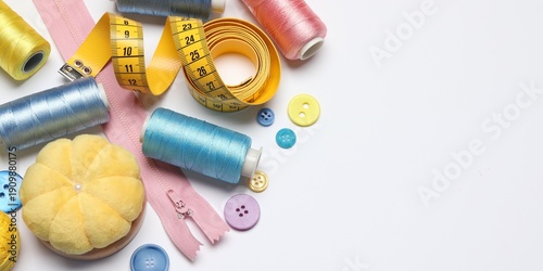 Bild auf Leinwand Flat lay composition with sewing supplies on white background