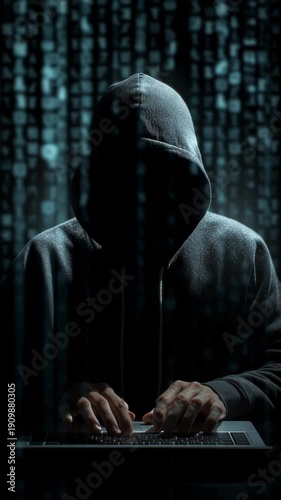 Hacker Mysterious hooded figure typing on keyboard in dark environment with digital code overlay.