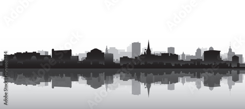 Black and white panoramic poster of the city skyline with misty background buildings and water reflection of ZURICH, SWITZERLAND