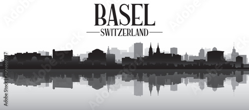 Black and white panoramic poster of the city skyline with misty background buildings and water reflection of BASEL, SWITZERLAND