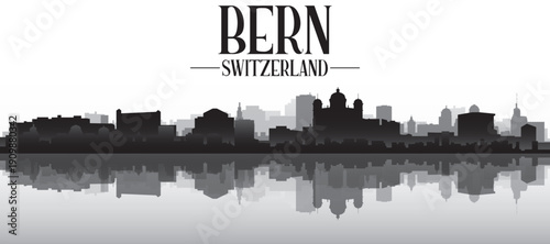 Black and white panoramic poster of the city skyline with misty background buildings and water reflection of BERN, SWITZERLAND