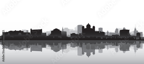 Black and white panoramic poster of the city skyline with misty background buildings and water reflection of BERN, SWITZERLAND