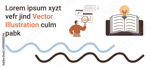 Education, data research, analytics, knowledge sharing, creative thinking, innovation. Man analyzing charts, an open book with a light bulb and abstract wavy lines. Education and data research