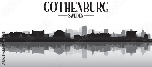 Black and white panoramic poster of the city skyline with misty background buildings and water reflection of GOTHENBURG, SWEDEN
