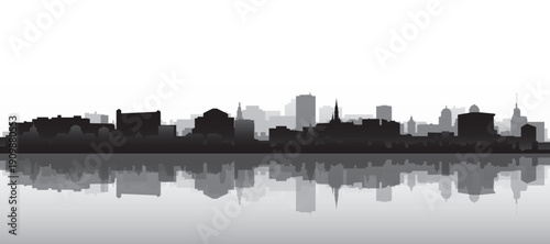 Black and white panoramic poster of the city skyline with misty background buildings and water reflection of GOTHENBURG, SWEDEN