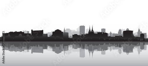 Black and white panoramic poster of the city skyline with misty background buildings and water reflection of BRNO, CZECH REPUBLIC