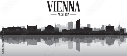 Black and white panoramic poster of the city skyline with misty background buildings and water reflection of VIENNA, AUSTRIA