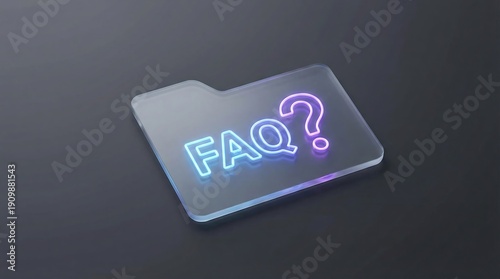 Neon FAQ sign on a translucent gray background with question mark text