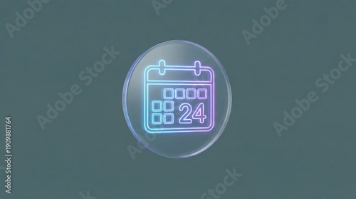 Neon calendar icon with date on a transparent circle background glowing blue