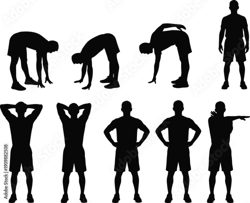Black silhouette set of men stretching, male fitness exercises, workout warm up routines, gym training poses, and healthy lifestyle icons.