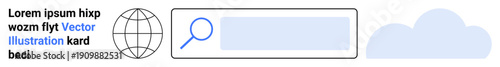 Digital technology, global connectivity, cloud storage, online search, web tools, internet services. Globe and search bar with a cloud symbol. Global connectivity and online search concept