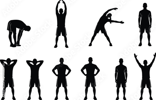 Black silhouette set of men stretching, male fitness exercises, workout warm up routines, gym training poses, and healthy lifestyle icons.