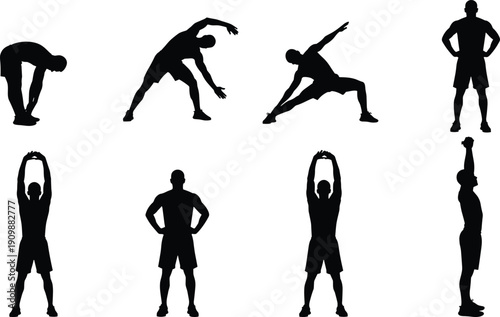 Black silhouette set of men stretching, male fitness exercises, workout warm up routines, gym training poses, and healthy lifestyle icons
