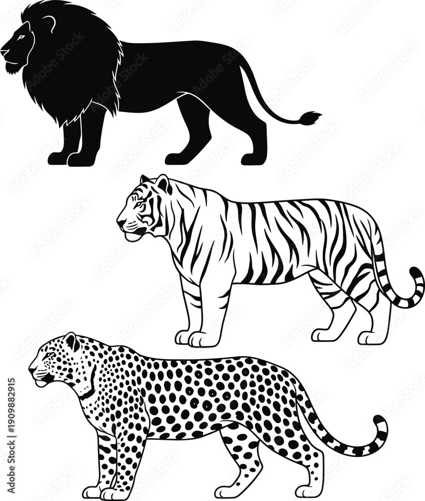 Fototapeta premium Three big cats illustrated in different patterns and profiles on a white background.