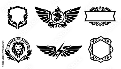 Vector illustration set of animal mascots including lion and rooster, winged lightning bolt symbol and decorative floral banner frames