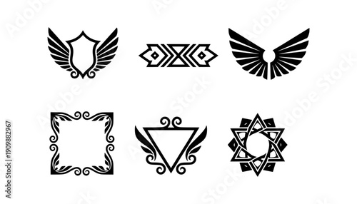 Collection of vector logo templates featuring winged crests, industrial gear wheels, square floral borders and abstract geometric star shapes