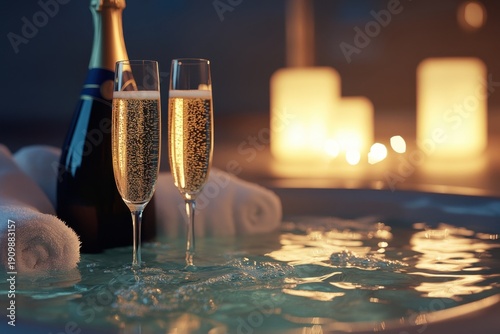 Elegant and relaxing moment with champagne and candles in a luxurious hot tub at night