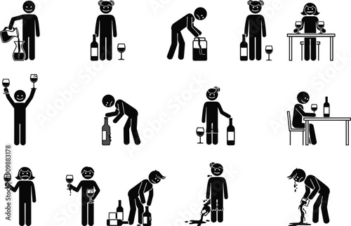 Stick figure people icon set showing drinking wine, alcohol consumption stages, intoxication, hangover, pouring drinks, and social addiction awareness vector.