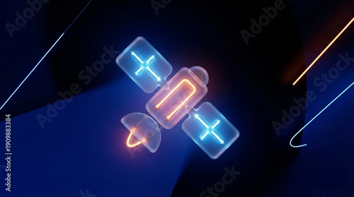 Neon glowing puzzle pieces on dark blue background with geometric lines illuminated