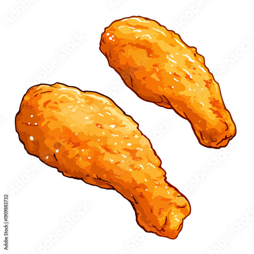 Two crispy fried chicken drumsticks illustrated in bold colorful style. American