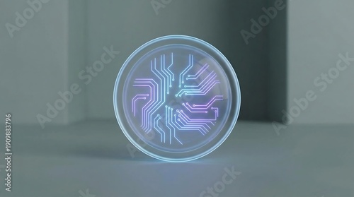 Glowing neon circuit board design on a transparent coin in a gray room