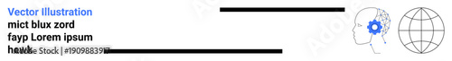 Artificial intelligence, technology innovation, global connections, digital transformation, neuroscience, data analysis. Head with neural gear and globe icon. Artificial intelligence and technology