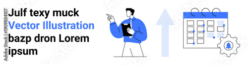 Project management, workflow planning, time management, productivity tools, organization, goal setting. Man points to upward arrow near calendar and gear icon. Project management and workflow