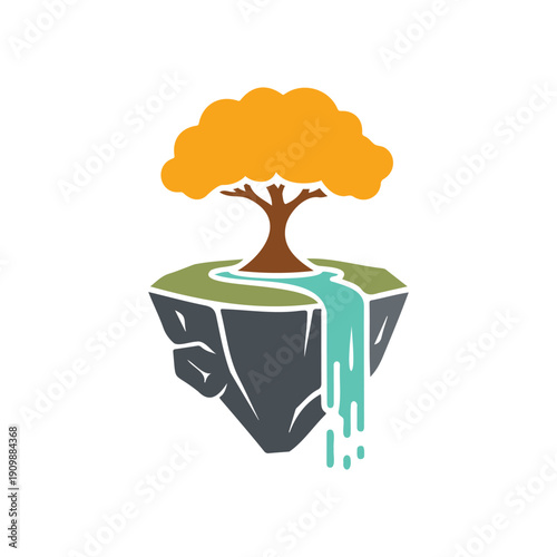 Stylized cartoon illustration of a solitary floating island with an orange Autumn tree and waterfall