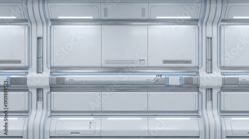 Seamless background of a clean, futuristic sci-fi interior wall with white panels, blue accents, and linear lighting. Ideal for technology and space designs.