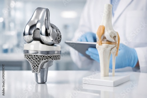 Knee implant with anatomical model and clinician in modern medical lab
