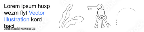 Security, minimalism, navigation, organization, design, nature. Outline of a plant, keychain with three keys and a dotted path. Security and minimalism concepts