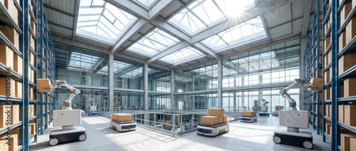 Futuristic automated warehouse facility with robotic arms and autonomous mobile robots transporting cardboard boxes in a bright modern industrial storage center with high shelving units