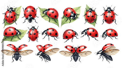 A charming watercolor collection of vibrant red ladybirds, featuring black-spotted wings, leafy accents, and delicate flying poses.