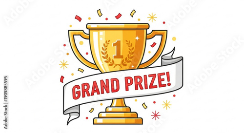 Golden trophy with grand prize banner and confetti