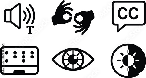 Black and White Accessibility Icon Set Featuring Sign Language Braille Closed Captioning and Contrast Symbols