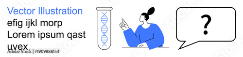 Science, research, DNA analysis, innovation, genetics, problem-solving. a person pointing at a test tube with DNA and a question mark in a speech bubble. Science and research concept