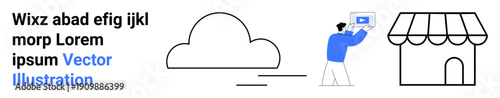 User uploading file to cloud, cloud icon with motion lines, storefront sketch. Ideal for cloud computing, e-commerce, file sharing, data transfer, online storage, technology simple landing page