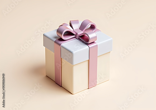 Minimalist gift box with pink ribbon on light background with copy space