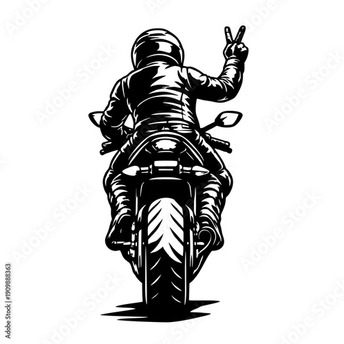 Biker From Behind on Black and White Illustration Giving Victory Hand Sign Graphic Design 