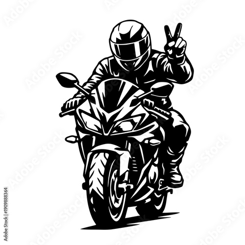 Monochrome Illustration of a Motorcyclist on a Racing Machine Giving the Peace Sign Gesture