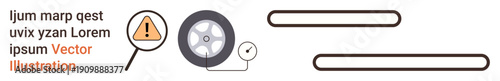 Automotive safety, car repair, tire check, mechanical services, road safety, diagnostics. Magnifying glass highlighting a warning sign near a detailed tire illustration. Automotive safety and car